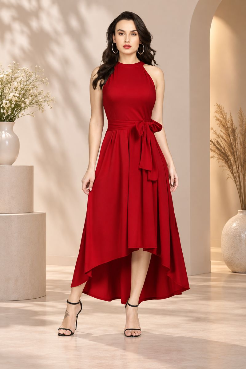 Women's Polyster Solid Halter Neck Sleeveless Dress (Red)