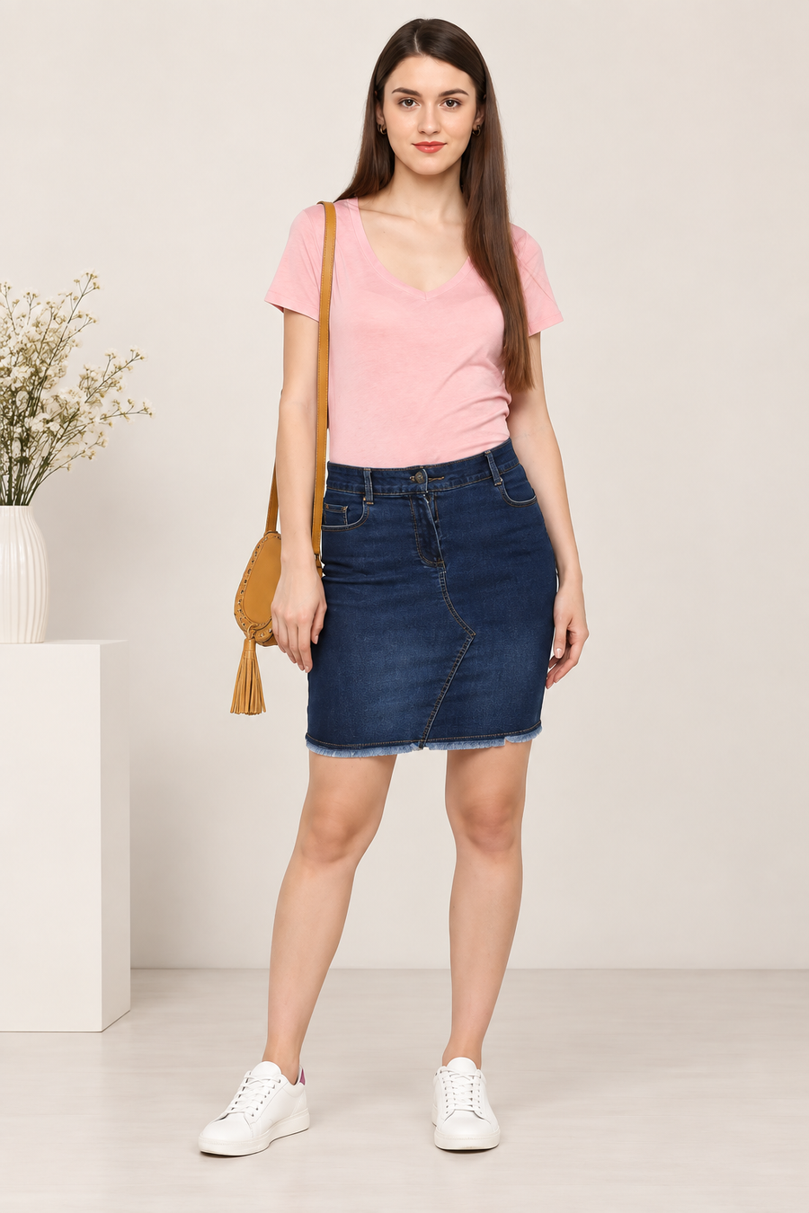 Women's Denim Stitching Pattern Buttoned Skirt (Blue)
