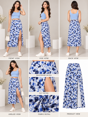 Women's Polyester Floral Side Zip Skirt (Blue - White)