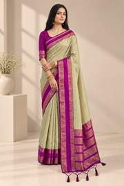 Women's Silk Blend Printed Saree With Unstitched Blouse 5.5Mtr (Light Green-Pink)