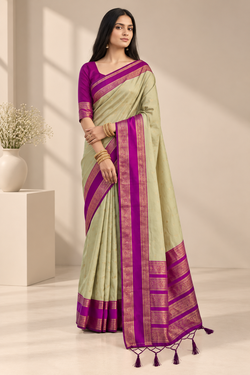 Women's Silk Blend Printed Saree With Unstitched Blouse 5.5Mtr (Light Green-Pink)