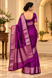 Soft Lichi Silk Printed Saree With Unstitched Blouse 5.5Mtr (Purple)