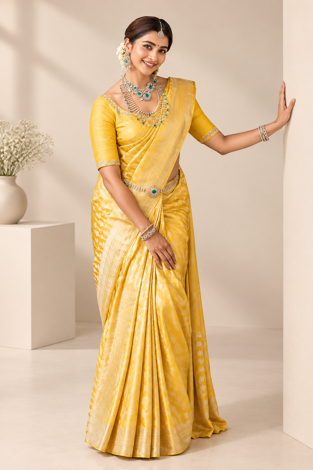 Women's Soft Lichi Silk Printed Saree With Unstitched Blouse 5.5Mtr (Yellow)