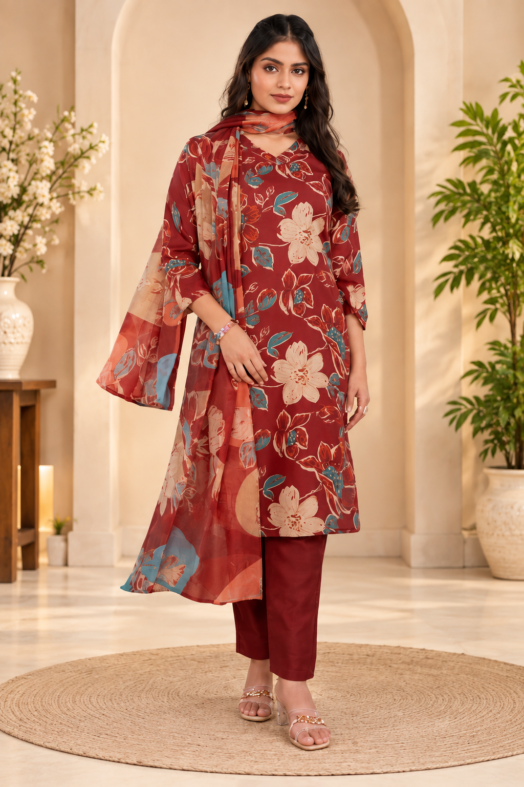 Cotton Blend Printed Kurti With Pant Dupatta Set (Rust)