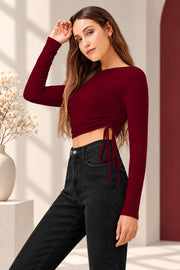Women's Polyester Solid Round Neck Full Sleeve Top (Brown)