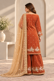 Women's Silk Embroidered 3/4th Sleeve Round Kurti With Palazzo Pant and Dupatta Set (Orange)