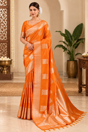 Silk Blend Printed Saree With Unstitched Blouse 5.5Mtr (Orange)