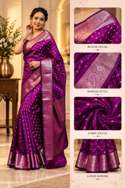 Soft Lichi Silk Printed Saree With Unstitched Blouse 5.5Mtr (Purple)