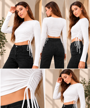 Women's Polyester Solid Round Neck Full Sleeve Top (White)