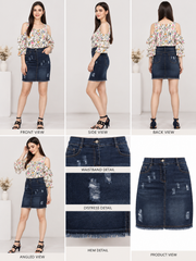 Women's Denim Distressed Buttoned Skirt (Denim Blue)