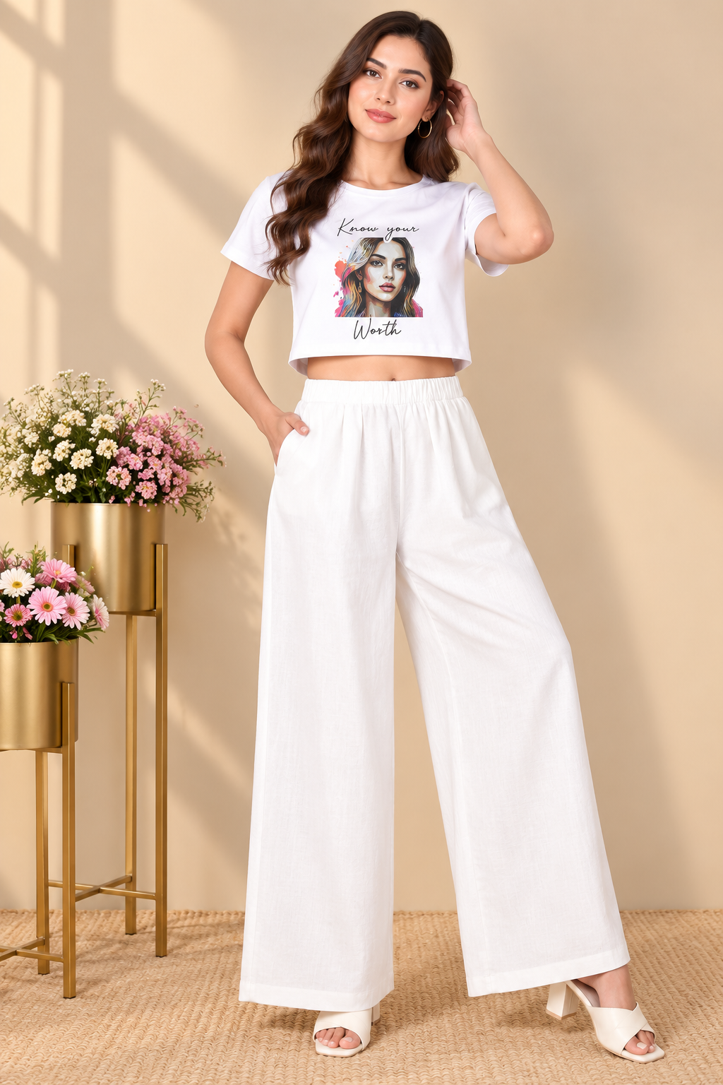 Women's Casual Rayon Solid Ankle Length Palazzo (White)