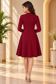 Women's Knitting stretchable Solid Round Neck Full Sleeve Dress (Maroon)