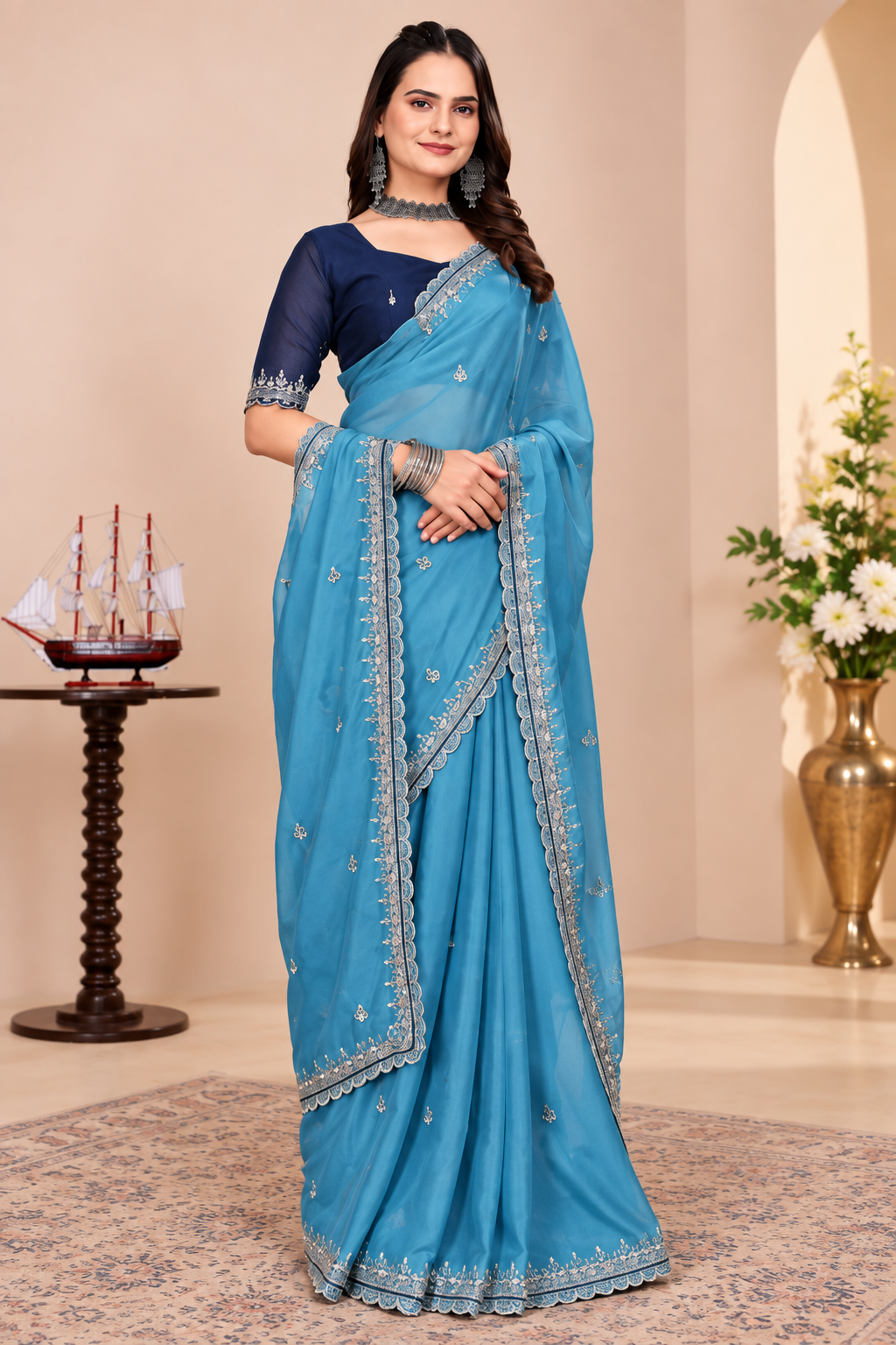 Georgette Embellished Saree with Unstitched Blouse 5.5Mtr(Aqua Blue)