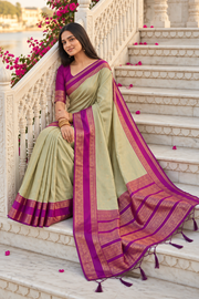 Women's Silk Blend Printed Saree With Unstitched Blouse 5.5Mtr (Light Green-Pink)