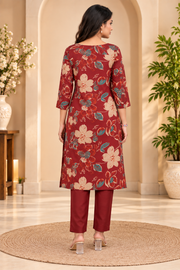 Cotton Blend Printed Kurti With Pant Dupatta Set (Rust)