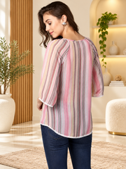 Women's Polyester Striped 3-4th Sleeves Top (Pink)