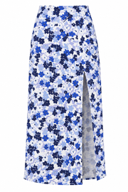 Women's Polyester Floral Side Zip Skirt (Blue - White)