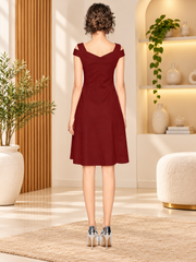 Women's Polyester Solid V Neck Cap Sleeve off Shoulder Dress (Maroon)
