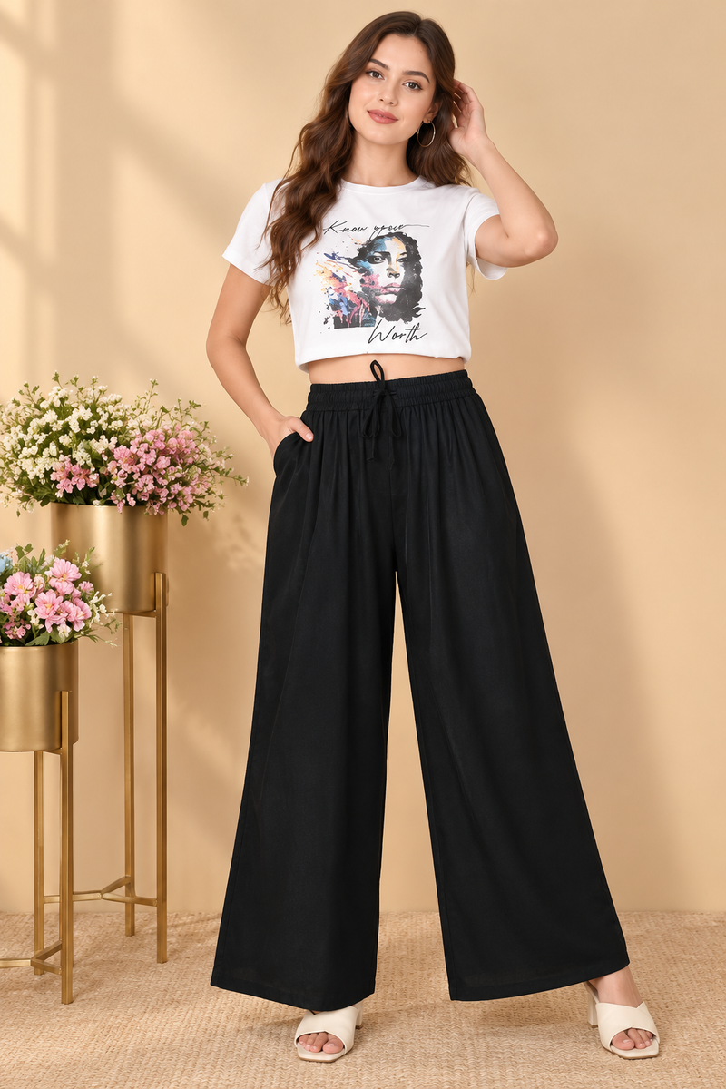 Women's Casual Rayon Solid Ankle Length Palazzo (Black)