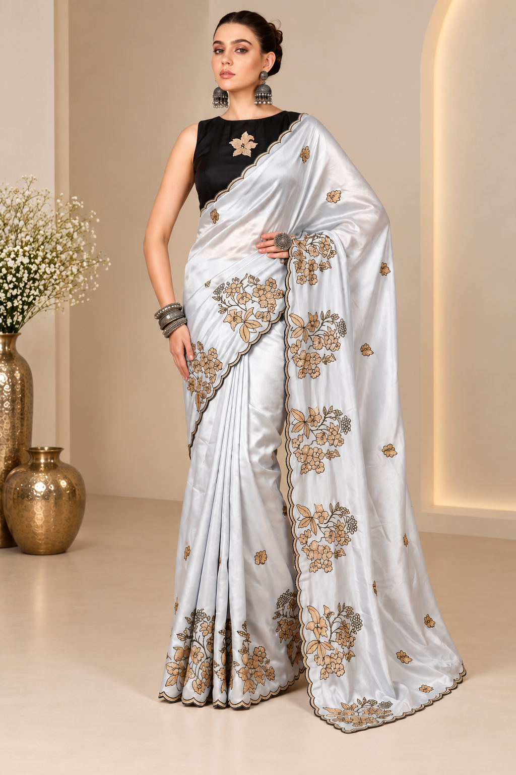 Viscose Silk Embroidered Saree With Unstitched Blouse 5.5Mtr (Grey)