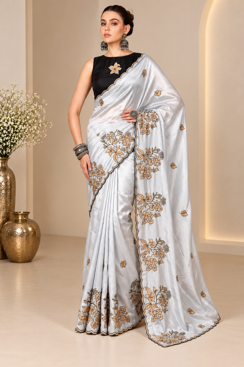 Viscose Silk Embroidered Saree With Unstitched Blouse 5.5Mtr (Grey)