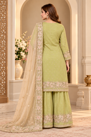 Silk Embroidered 3/4th Sleeve Round Kurti With Palazzo Pant and Dupatta Set (Pista)