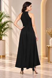 Women's Polyster Solid Halter Neck Sleeveless Dress (Black)
