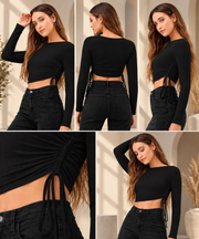 Women's Polyester Solid Round Neck Full Sleeve Top (Black)