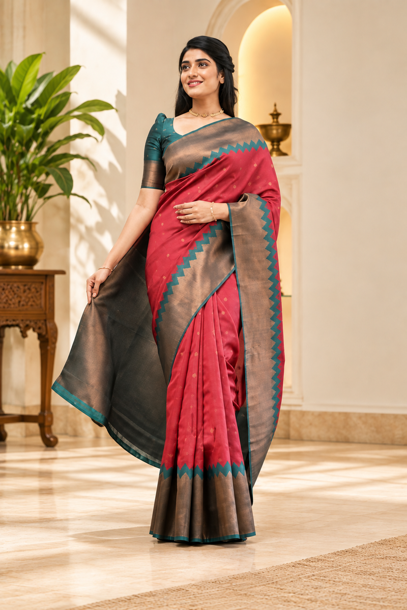 Soft Lichi Silk Printed Saree With Unstitched Blouse 5.5Mtr (Red)