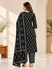 Women's Cotton Blend Printed Kurti With Pant Dupatta Set (Black)