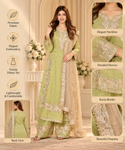 Silk Embroidered 3/4th Sleeve Round Kurti With Palazzo Pant and Dupatta Set (Pista)