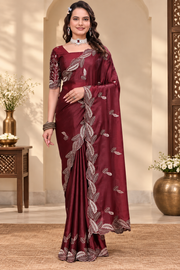 Georgette Embroidered Saree With Unstitched Blouse 5.5Mtr?(Maroon)
