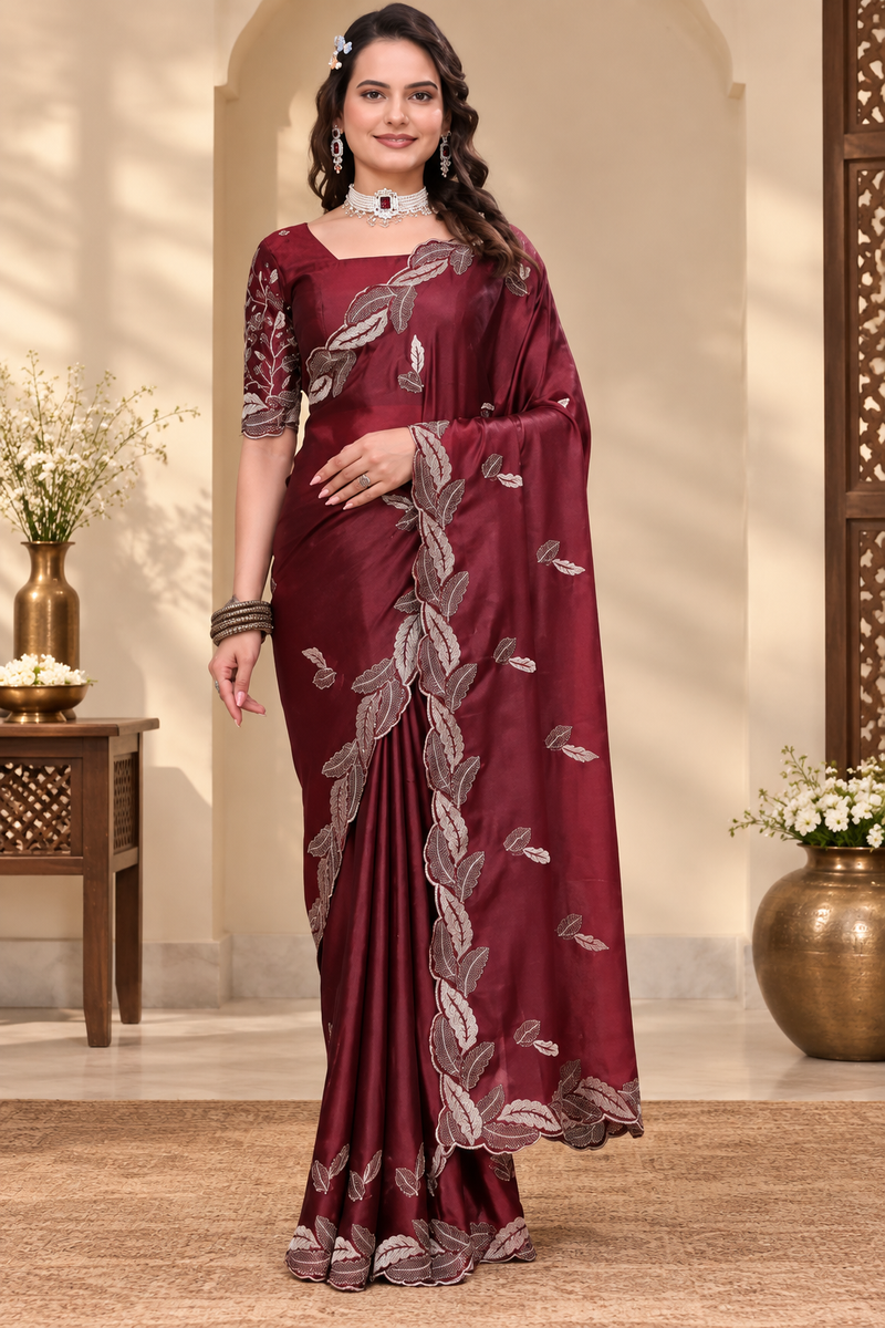 Georgette Embroidered Saree With Unstitched Blouse 5.5Mtr?(Maroon)