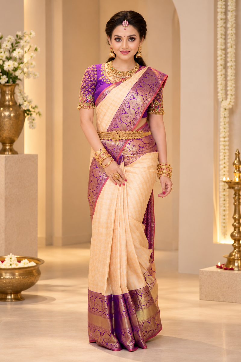 Women's Soft Lichi Silk Printed Saree With Unstitched Blouse 5.5Mtr (Purple)