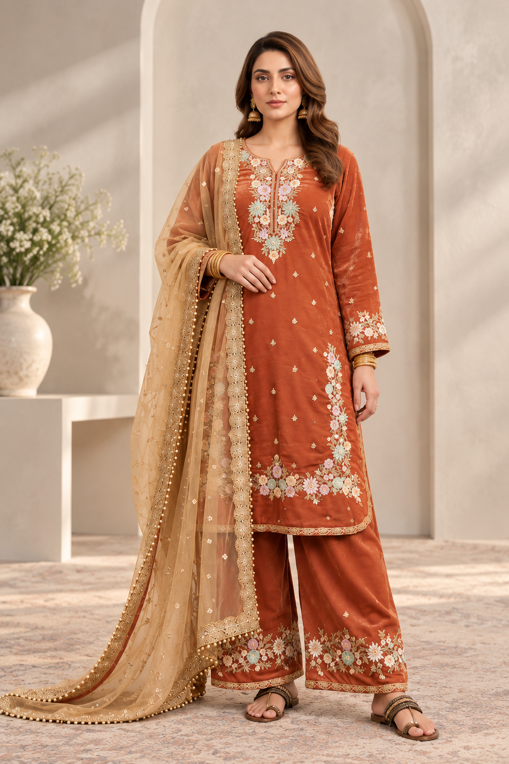 Women's Silk Embroidered 3/4th Sleeve Round Kurti With Palazzo Pant and Dupatta Set (Orange)