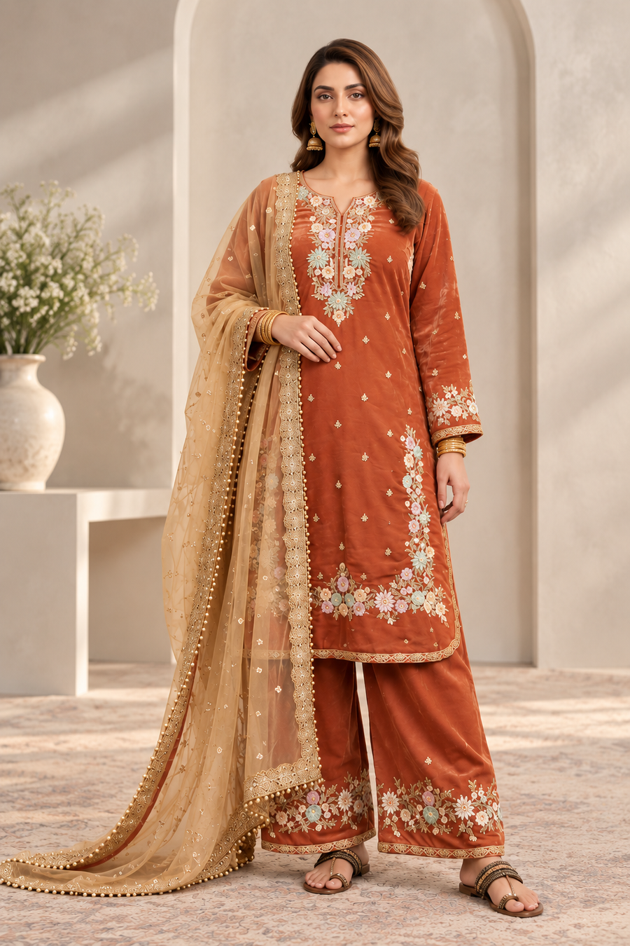 Women's Silk Embroidered 3/4th Sleeve Round Kurti With Palazzo Pant and Dupatta Set (Orange)
