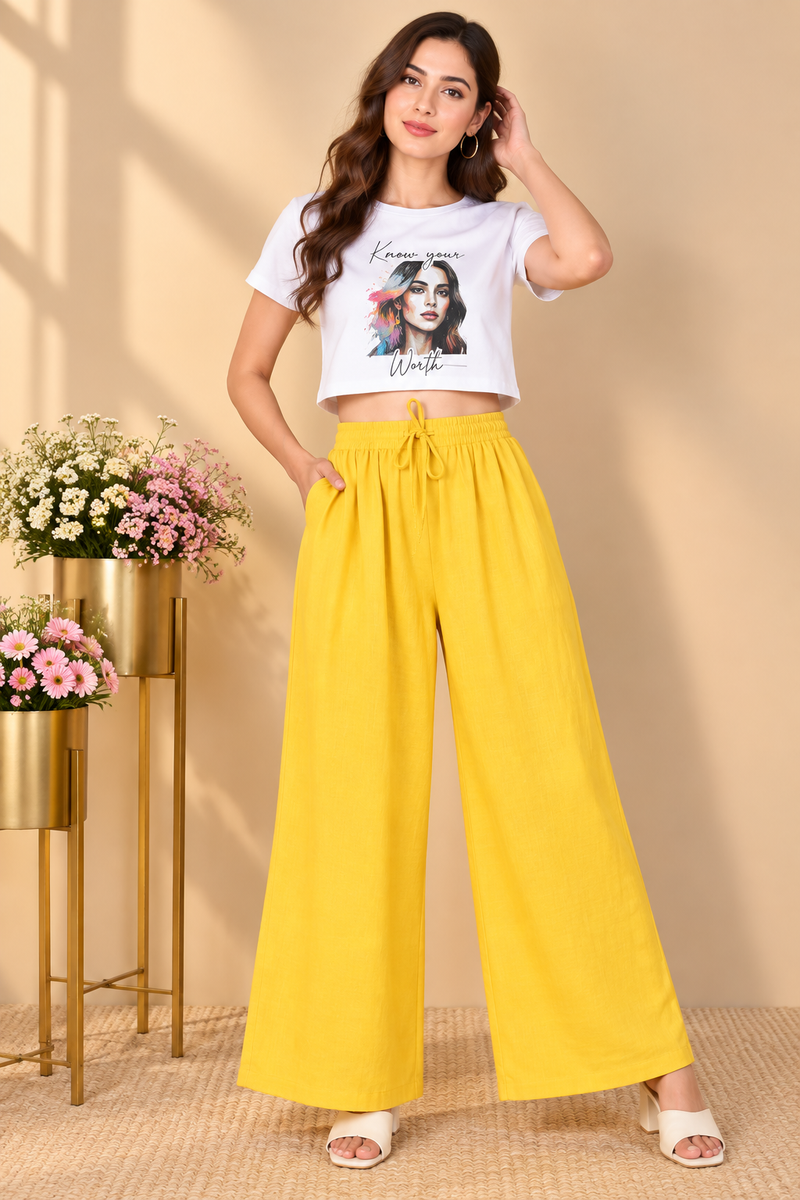 Women's Casual Rayon Solid Ankle Length Palazzo (Yellow)