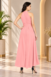 Women's Polyster Solid Halter Neck Sleeveless Dress (Pink)