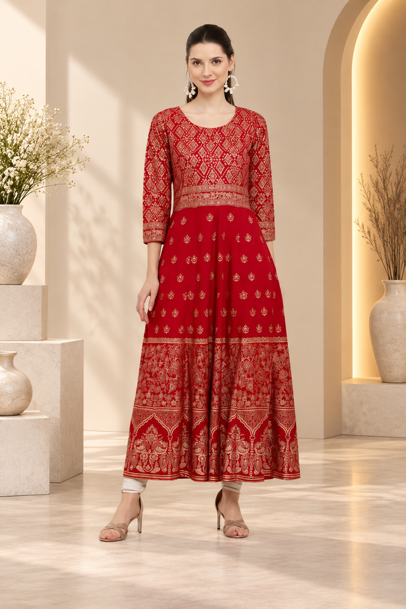 Women's Casual Rayon 3-4th Sleeves Anarkali Kurti