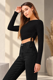 Women's Polyester Solid Round Neck Full Sleeve Top (Black)