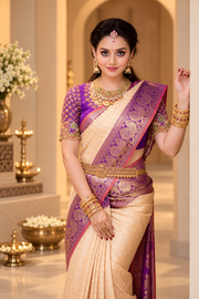 Women's Soft Lichi Silk Printed Saree With Unstitched Blouse 5.5Mtr (Purple)