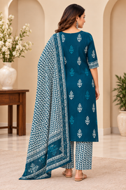 Cotton Blend Printed Kurti With Pant Dupatta Set (Morpichh)