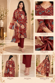 Cotton Blend Printed Kurti With Pant Dupatta Set (Rust)
