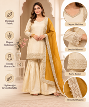 Silk Embroidered 3/4th Sleeve V-Neck Kurti With Sharara Pant and Dupatta Set (Cream & Yellow)