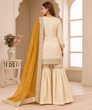 Silk Embroidered 3/4th Sleeve V-Neck Kurti With Sharara Pant and Dupatta Set (Cream & Yellow)
