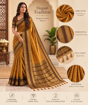 Silk Blend Printed Saree With Unstitched Blouse 5.5Mtr (Mustard brown)