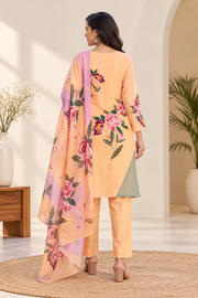 Women's Cotton Blend Printed Kurti With Pant Dupatta Set (Orange)