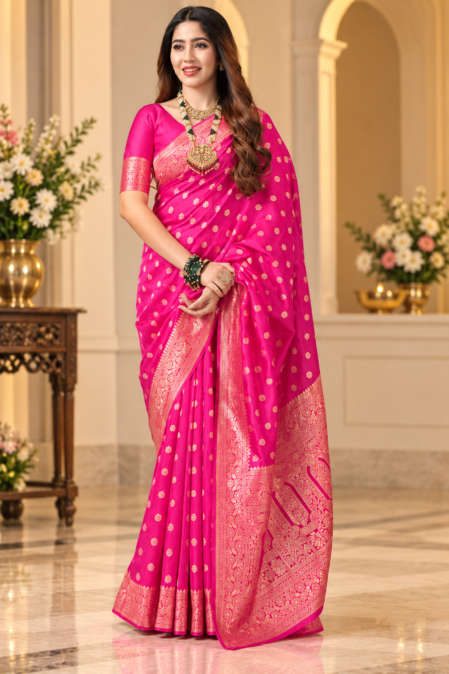 Jacquard Printed Saree With Unstitched Blouse 5.5Mtr (Pink)