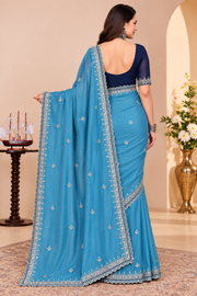 Georgette Embellished Saree with Unstitched Blouse 5.5Mtr(Aqua Blue)