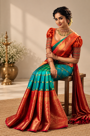 Women's Soft Lichi Silk Printed Saree With Unstitched Blouse 5.5Mtr (Green)